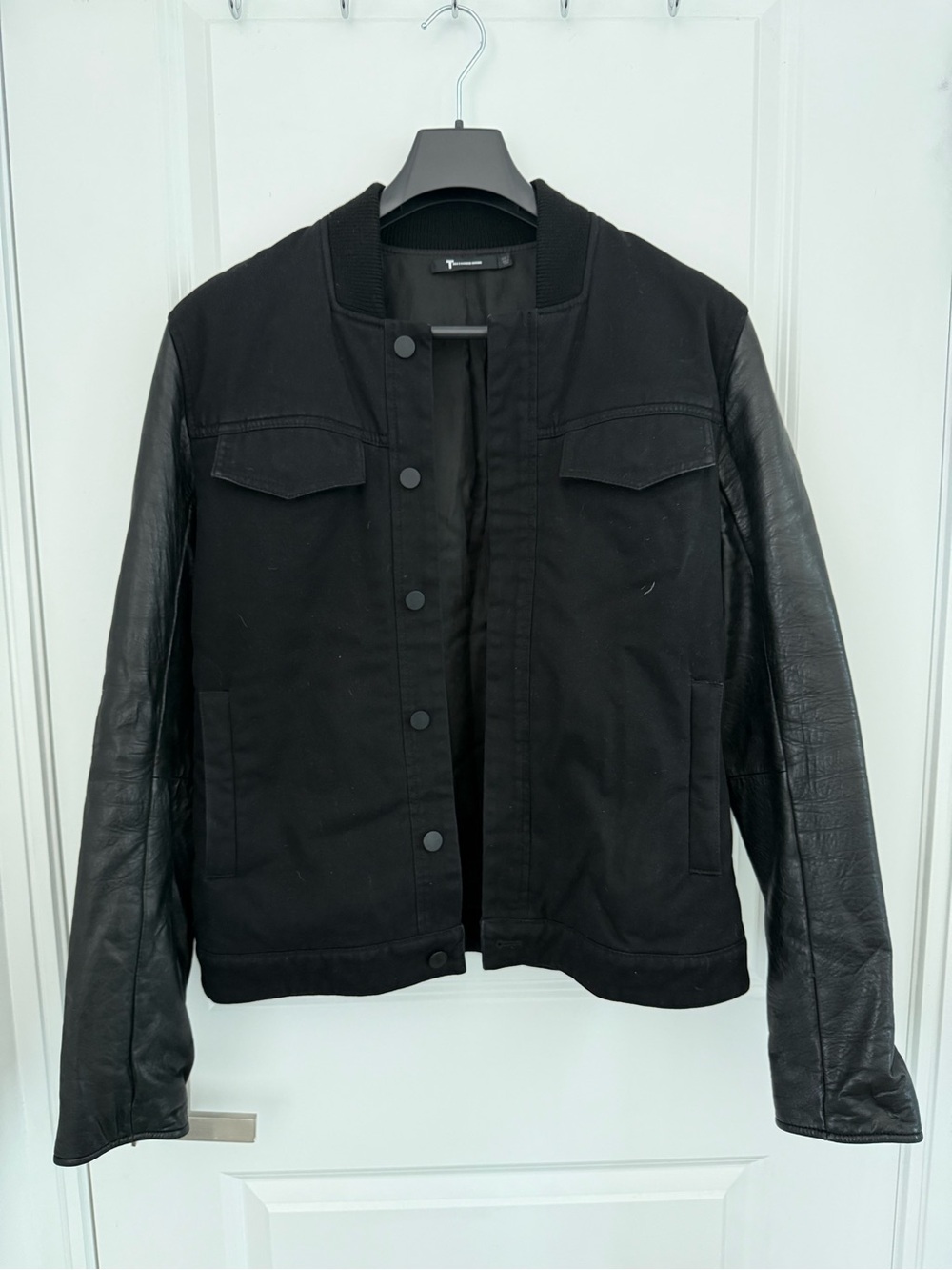 T by Alexander Wang- Men's Black bomber jacket with leather sleeves